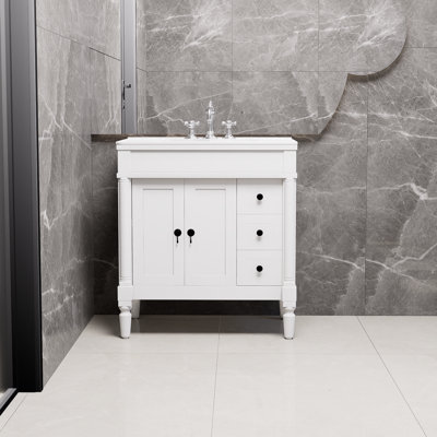 White 30-Inch Modern Bathroom Vanity, Made Of MDF, 2 Doors And 3 Drawers, Soft-Close Design, U-Shaped Adjustable Shelf, Ceramic Sink, Bathroom Storage Cabinet Set, Modern And Elegant Design.