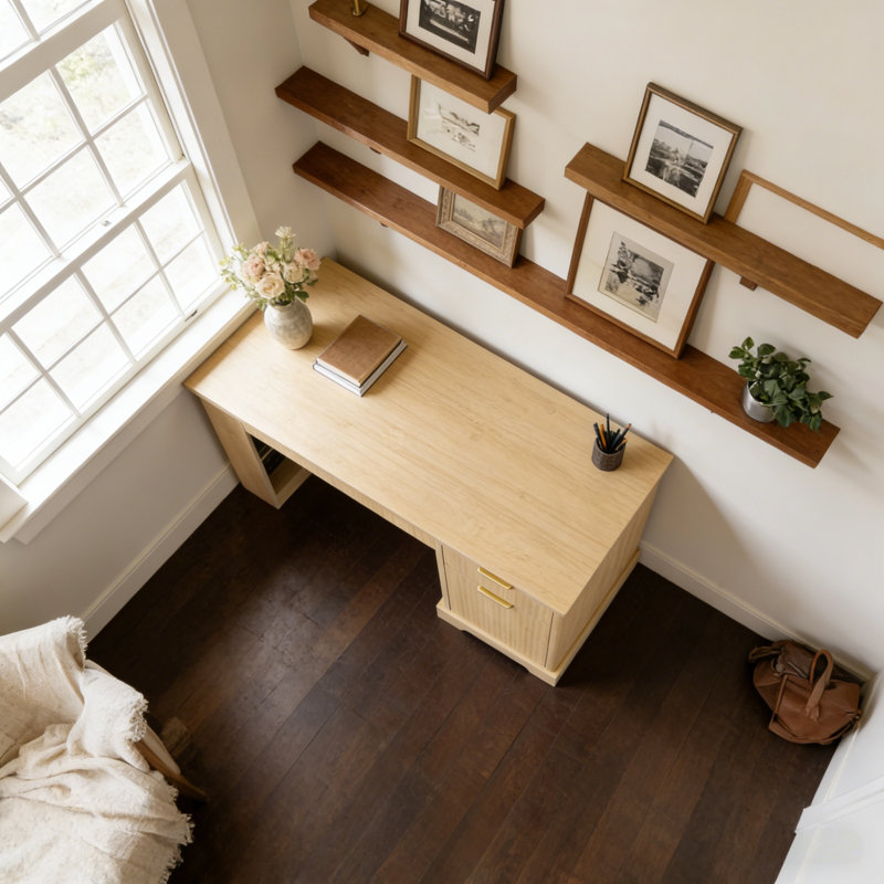 Modern 55" Fluted Writing Desk With Storage Cabinet, Drawers, Power Outlet And Built-In Shelves, Light Oak/Light Oak