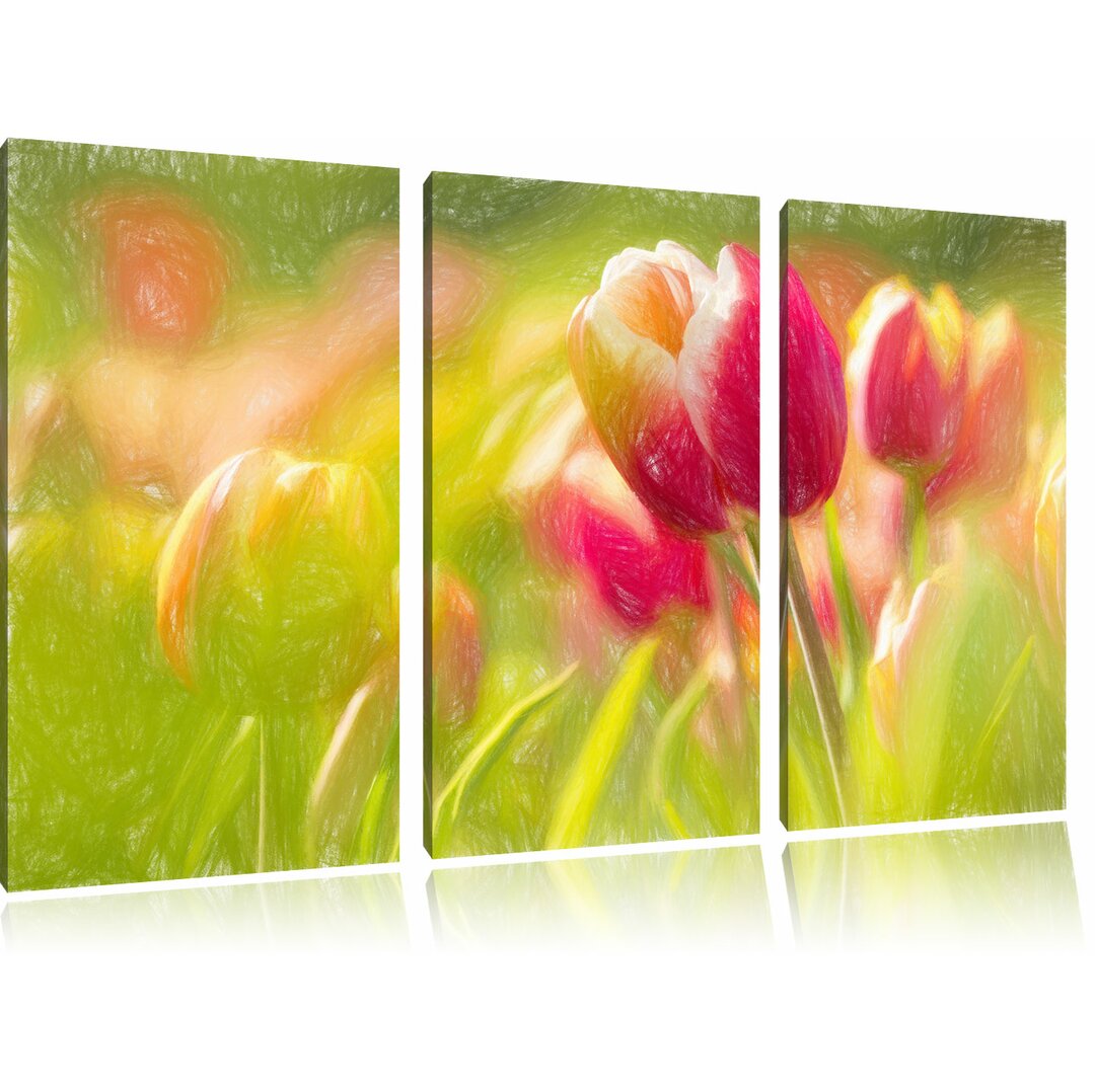 3-tlg. Leinwandbilder-Set „Blühende rote Tulpen“, Grafikdruck