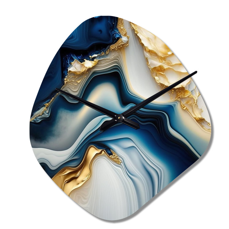 Horloge murale abstraite à motif géométrique abstrait en métal doré et bleu II, Petit