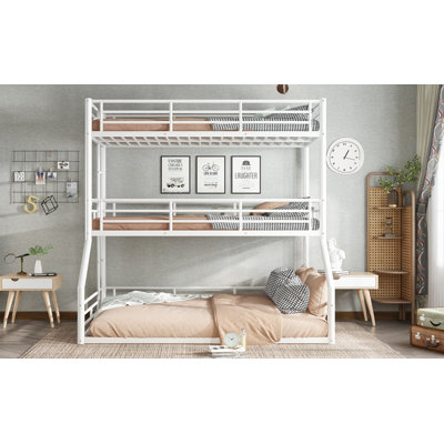 Twin Over Twin Over Full Bunk Bed, Metal Triple Bunk Bed With Safety Guardrails, Heavy-Duty Bunk Bed With Noise-Reduced Design, White