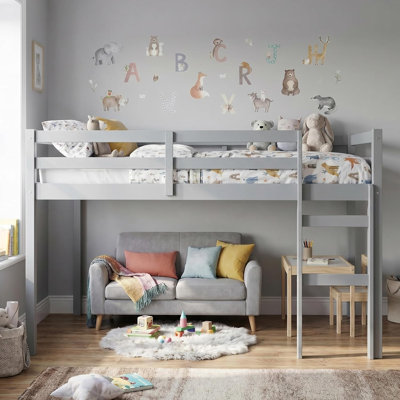 Lit mezzanine pleine grandeur pour enfants, lit mezzanine double en bois massif avec escalier, lit mezzanine bas pleine grandeur pour filles garçons, cadre de lit mezzanine pleine grandeur peu encombrant, aucun sommier requis, assemblage facile
