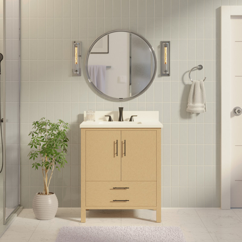 Ensemble de meuble-lavabo simple 30 po Kiara, Quartz blanc, Placage blond