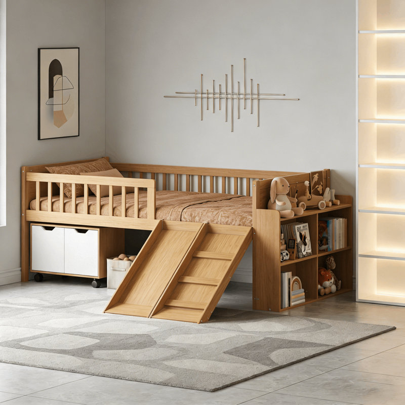 Lit mezzanine simple simple avec tablettes de rangement, glissade et échelle d'escalade, Naturel antique
