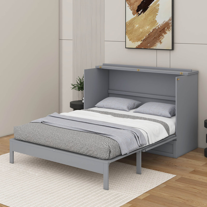 Lit escamotable double avec tiroirs, Gris, Lit double