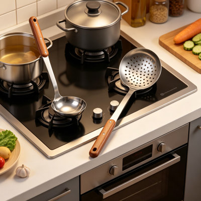 Ensemble de spatule et louche de wok en acier inoxydable, ustensiles de cuisine en métal poli miroir 304 avec poignées en bois, accessoires de wok faciles à nettoyer pour la cuisson