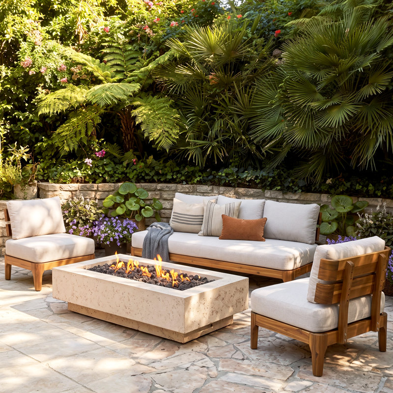 Kaelin Mid-Century Modern Acacia Wood Outdoor Chat Set With Thick Cushions For Patio, Balcony & Garden, 3 Pcs: Sofa, 2 Chairs