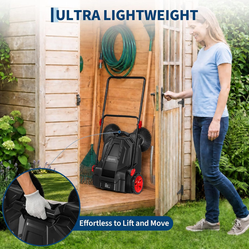 Balayeuse manuelle à pédale de 25,6 po de largeur, non électrique, avec bac à débris de 5 gallons, poignée pliable réglable, balai multi-surfaces pour patio, cour, garage, allée, allée et atelier