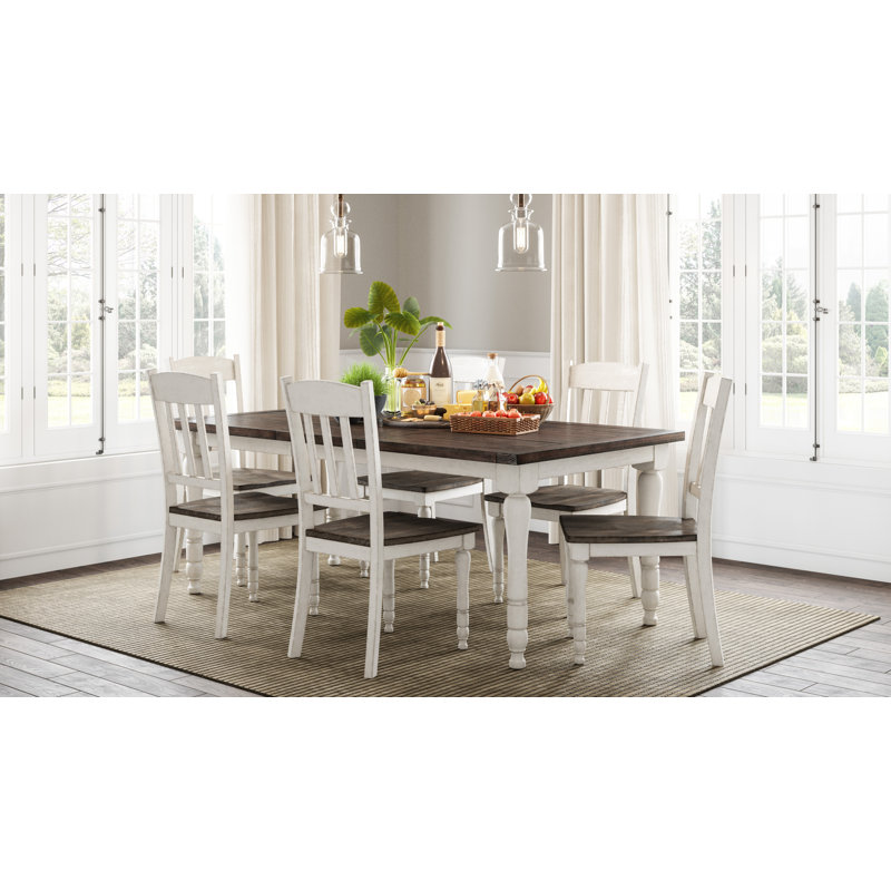 Aashma 6 - Person Extendable Solid Wood Top Four Leg Dining Set, 7 Pieces: Table, 6 Chairs, Vintage White, Vintage White
