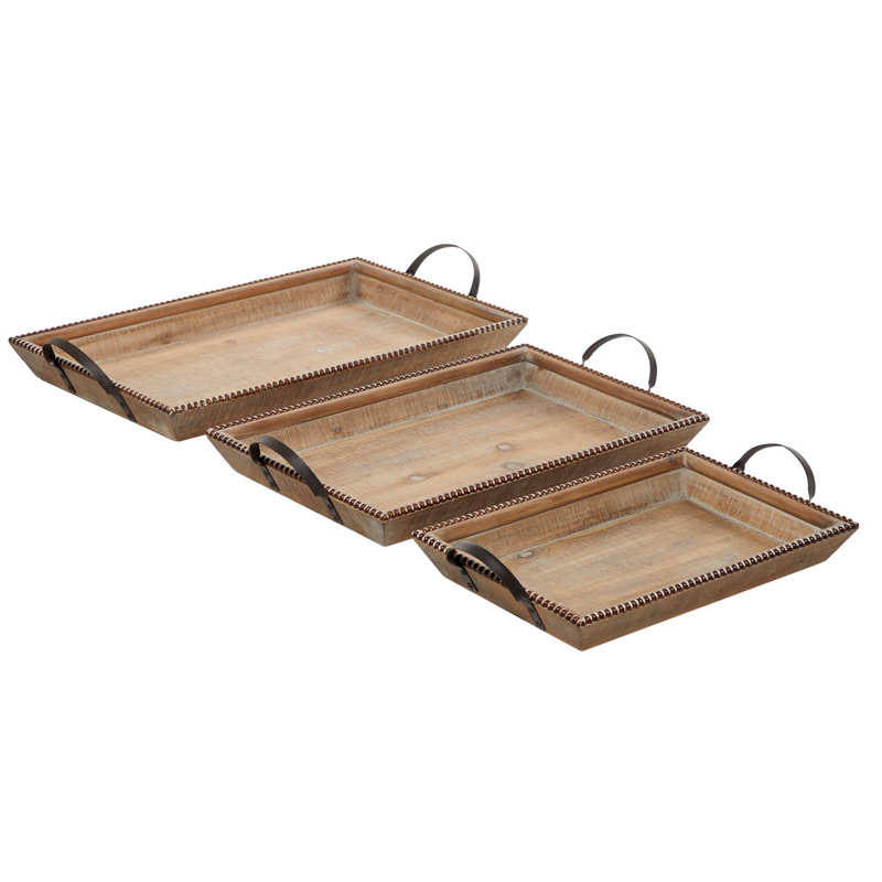 Wood Decor Brown Tray with Metal Handles Set