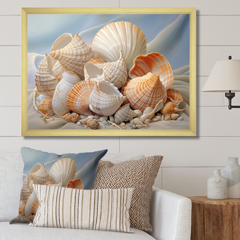 " Photorealistic Seashells Collage ", Gold Single Picture Framed, 12" H x 20" W x 1" D