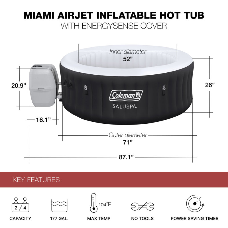 Coleman Miami AirJet Square Inflatable Hot Tub with EnergySense Cover, Black, Black
