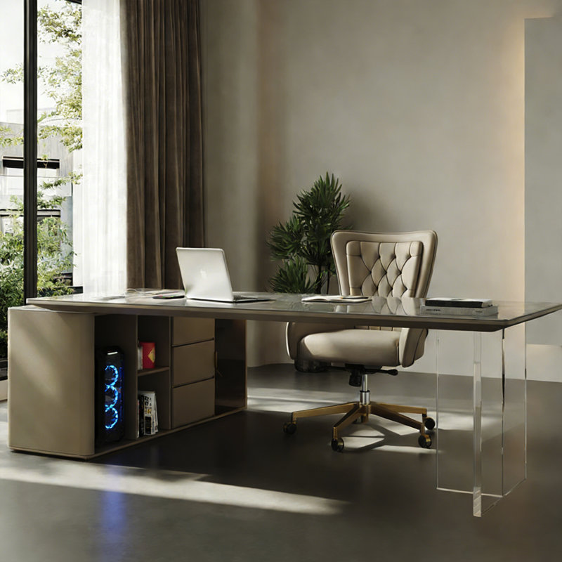 Modern Minimalist High-End L-Shaped High-Gloss Rock Slab Desk with Acrylic Legs & Leather Decor Cabinet