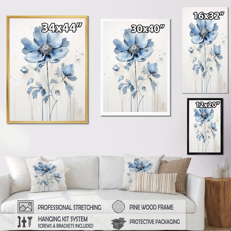 «Blue Minimalisme Poppy Flower I», impressions sur toile florales et botaniques, H 20 po x l 12 po x P 1 po