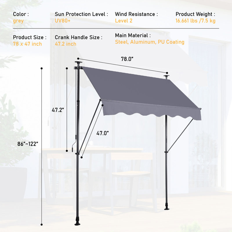 Manual Retractable Sun Awning - 78'' Patio Canopy With Waterproof Coating Quality Protection Door Window Shade Curtain For Backyard