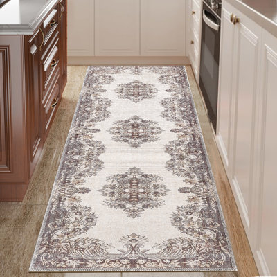 Zehorit Machine Washable Vintage Area Rug in Beige/Cream/Brown/Yellow for Living Room, Hallway Runner, Entryway Rug