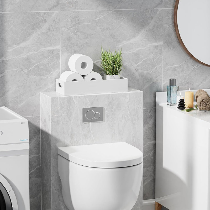 Rangement pour porte-papier hygiénique en bambou, plateau en bambou pour salle de bain avec poignée, panier de rangement pour porte-papier hygiénique pour réservoir de toilette / comptoir de cuisine, naturel, blanc