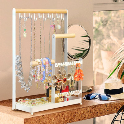 Organisateur de bijoux, organisateur de porte-bijoux avec 36 organisateurs de boucles d'oreilles et 10 porte-colliers, porte-anneau en velours et plat à bijoux, blanc