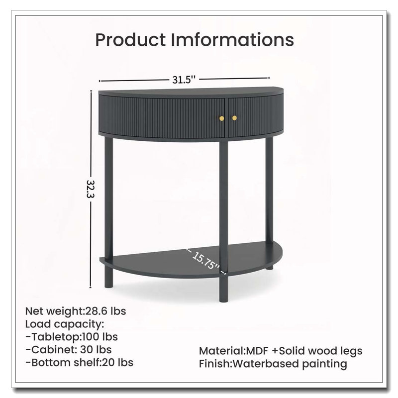 Console Table Half Moon Design End Table With 2 Storage Drawers And Bottom Shelf For Living Room, Bedroom, Study, Hallway