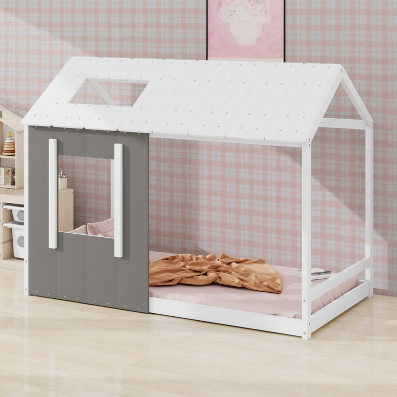 Lit plateforme House avec toit et fenêtre, Blanc / gris antique
