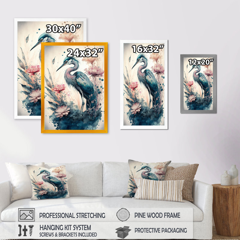 Mignon héron floral VI - peinture sur toile, Cadre photo doré, H 32 po x l 24 po x P 1 po