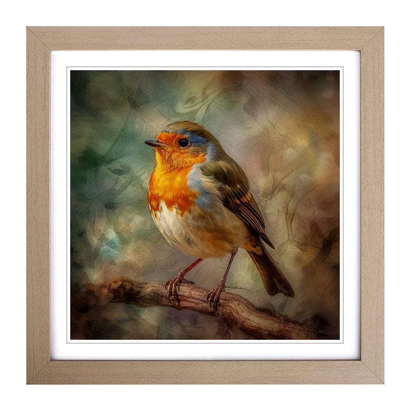 Robin Impressionism - Single Picture Frame Print on Wood, Oak