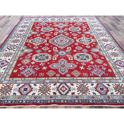 8'2"x9'9" Crimson Red, Kazak with Geometric Medallions Design, Denser Weave, Soft and Velvety Wool, Hand Knotted, Vegetable Dyes, Oriental Rug