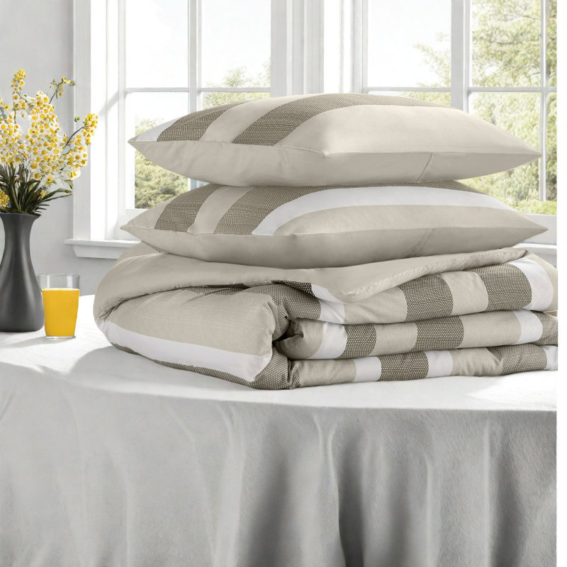 Premium Stripe Textured Beige Bedding Set, Polyester Comforter For Year-round Comfort
