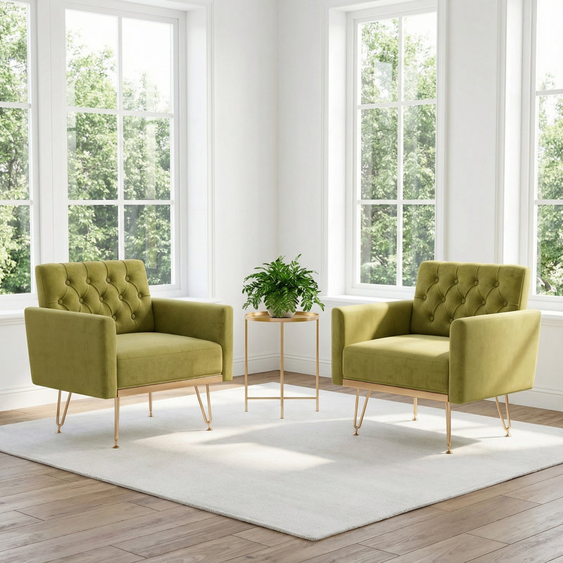 Ensemble de 2 fauteuils modernes rembourrés avec pieds en métal doré et sans table, Velours vert