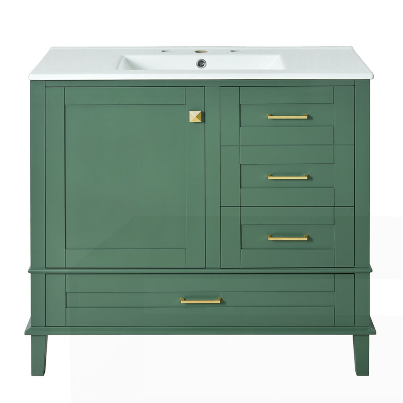 Meuble-lavabo 36 po avec cadre en pin massif, Vert, Doré