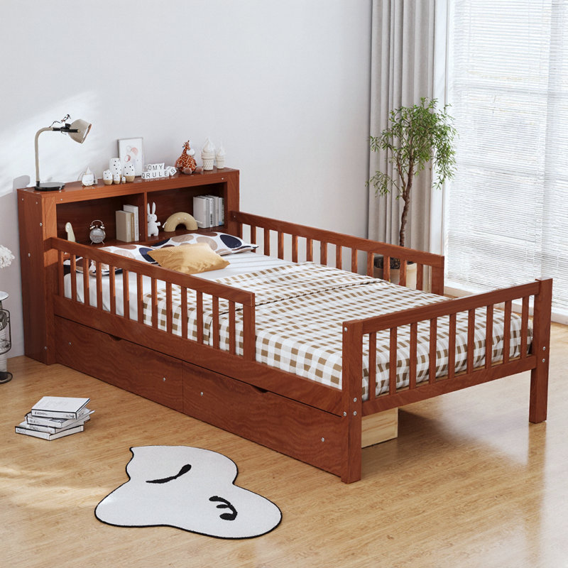 Lit simple avec rangement pour tête de lit, tiroirs sous le lit et garde-corps de sécurité - Conception peu encombrante en noyer