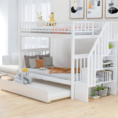 Twin Over Bunk Bed With Trundle, Storage In White - Pine Wood Durability Feature Profitable Space And Trundle Build