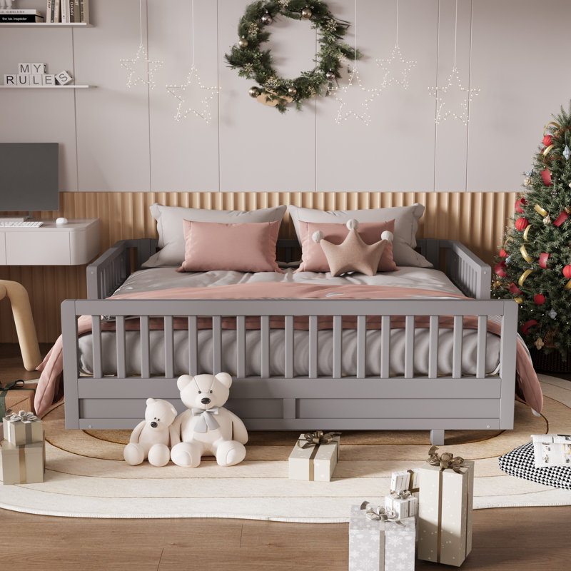 Lit plateforme simple en bois massif avec garde-corps, lits simples convertibles, gris