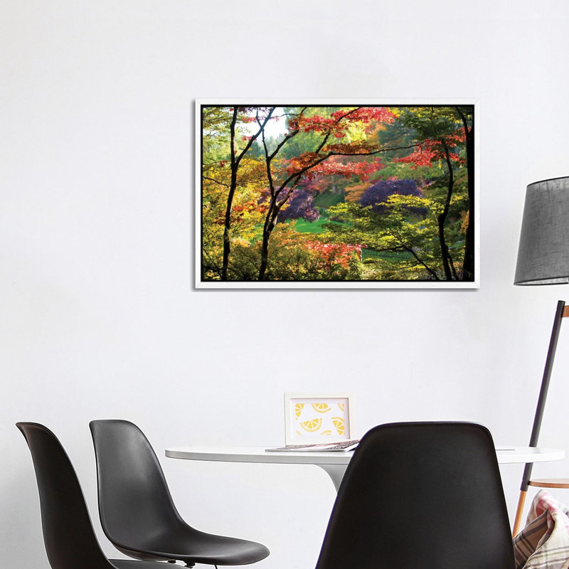 Trees In A Garden, Butchart Gardens, Victoria, Vancouver Island, British Columbia, Canada - Print on Canvas, White Framed