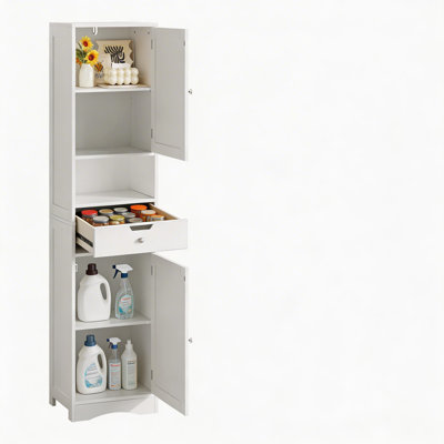 Freestanding White 67 Inch Tall Narrow Bathroom Storage Cabinet Featuring 2 Doors, 1 Drawer and Adjustable Shelves, Floor Organizer Suitable for Bathroom, Living Room, Entryway, Home Office