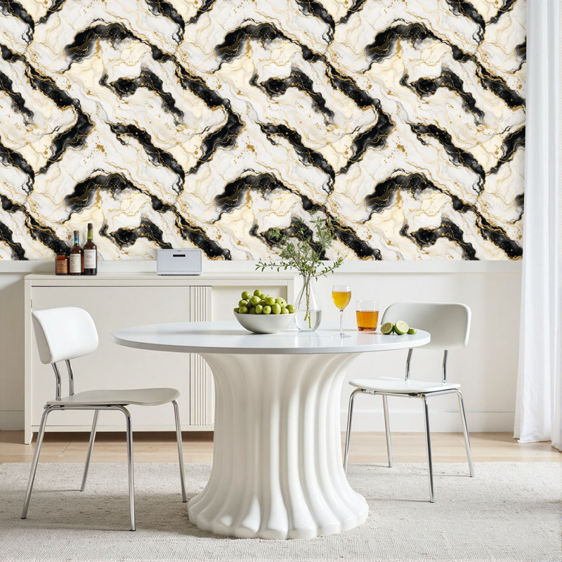 Rouleau de papier peint adhésif amovible à motif abstrait marbré noir et blanc Marbre doré et veines marbrées l 23,6 po x H 118 po