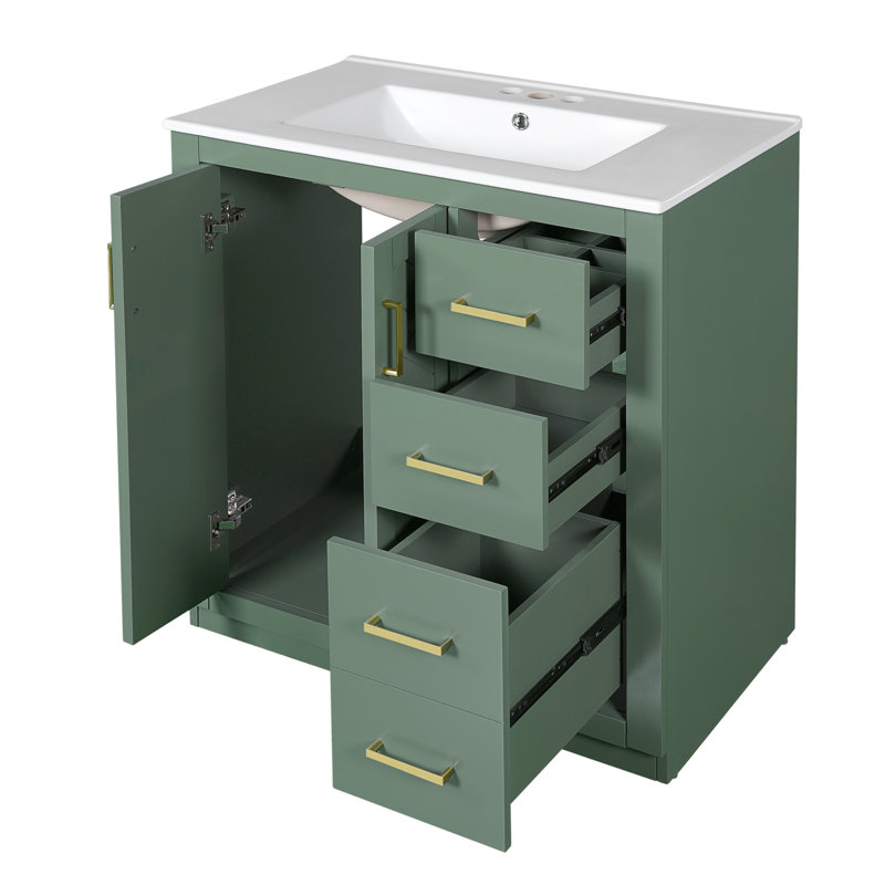 Meuble-lavabo de style rétro de 30 po avec cadre en bois massif, portes, glissière à tiroir lisse, planches, grand espace de rangement pour une utilisation quotidienne