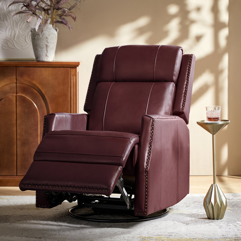 Elimelec Genuine Leather Manual Swivel Recliner, Burgundy