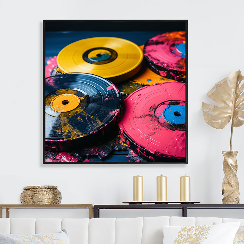 Disque vinyle rose III - Art mural vinyle, H 16 po x l 16 po x P 1 po, Cadre flottant noir