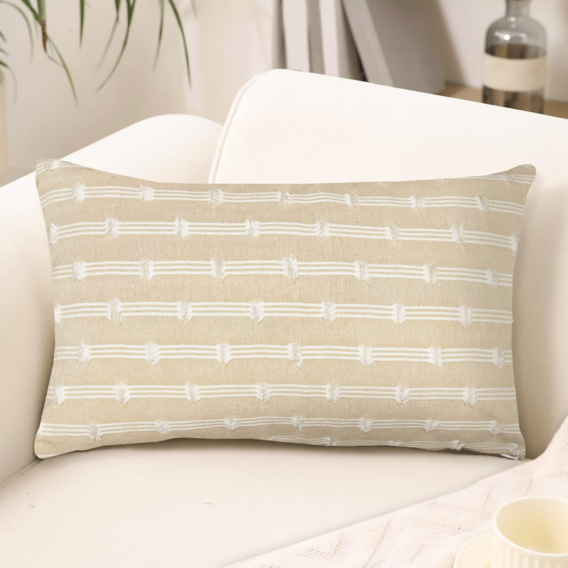 Beige and White Cotton Polyester Striped Lumbar Pillow Cover Set