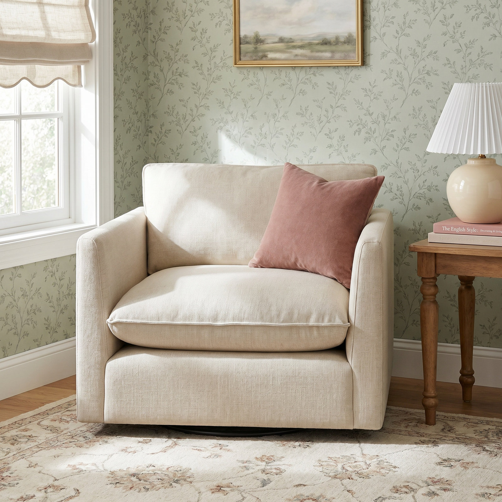 Ballerini Upholstered Swivel Armchair, Effie Linen Performance Linen