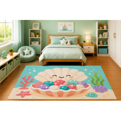 Tapis ultra-léger 152 x 213 cm (5' x 7') à motif de coquillages nacrés souriants, idéal pour une chambre de fille, une garderie ou une salle de jeux. Style scandinave minimaliste, ambiance bord de mer et magie marine. Dos antidérapant en silicone. Poils courts.
