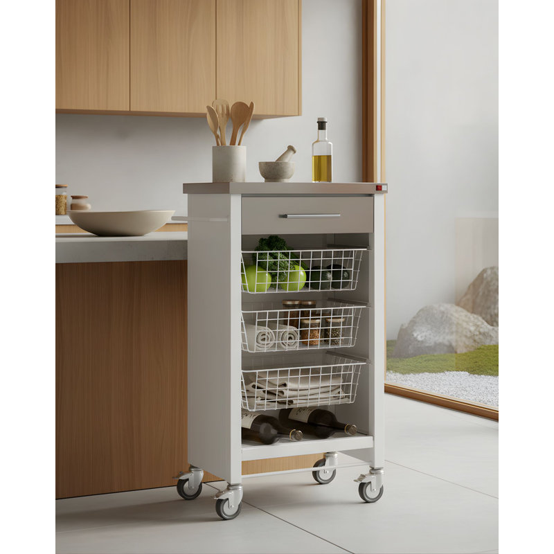 Chelsea 48cm W Steel Kitchen Trolley with Stainless Steel Top and Locking Wheels, White