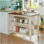 Îlot de cuisine fixe en bois massif de 45 pouces de style champêtre, îlot de salle à manger en bois d'hévéa, avec 2 tablettes ouvertes, noyer et blanc crème