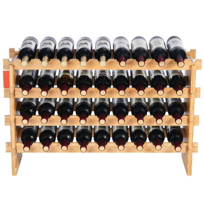 Wine Rack, Bamboo, 1 Piece, Stackable Modular Display Shelf, Wood, 36-Bottle 4-Tier