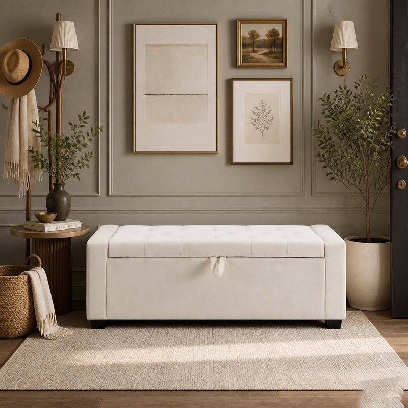 Repose-pieds 48 po avec rangement, banc de rangement pour repose-pieds, Beige