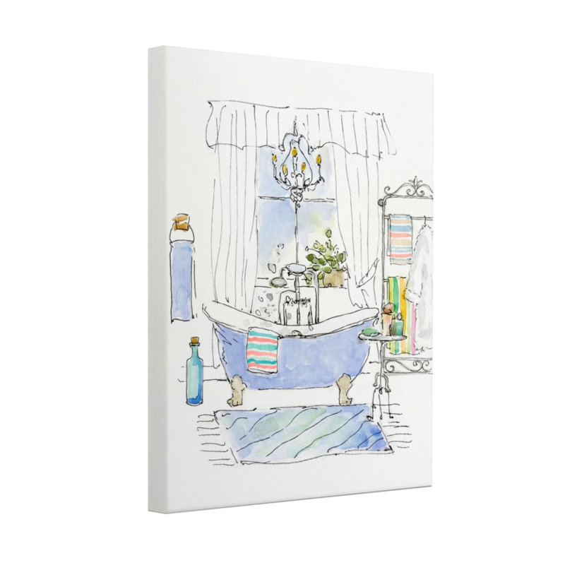 Scène de salle de bain avec baignoire et rideaux Bath & Laundry, H 18 po x l 12 po, Wrapped Canvas, Ne s’applique pas