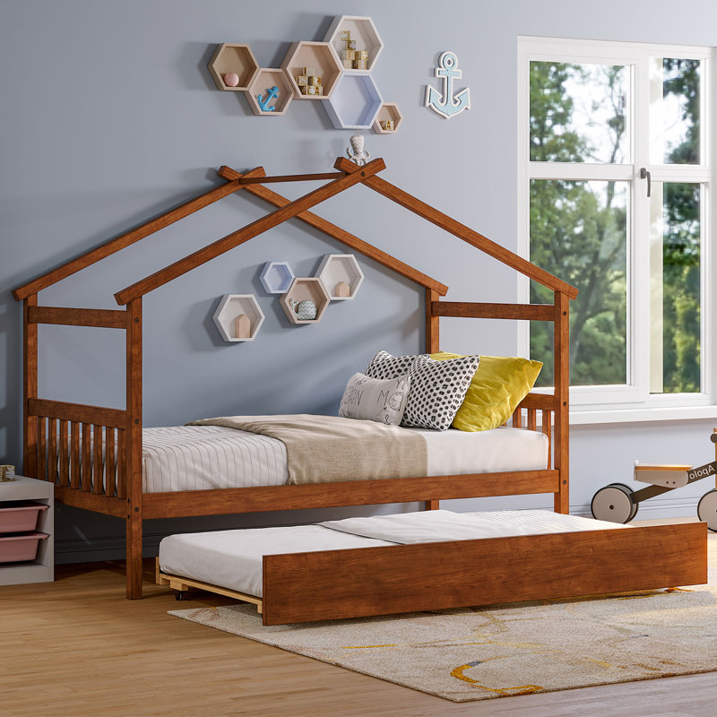 Lit en bois avec lit gigogne simple, Noyer, Lit simple