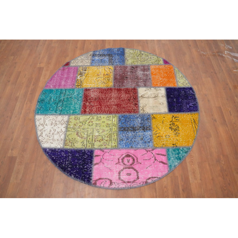 Tapis rond coloré patchwork 5 x 5 avec motifs géométriques rétro