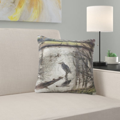 Landscape Printed Bird in National Park Watercolor Pillow
